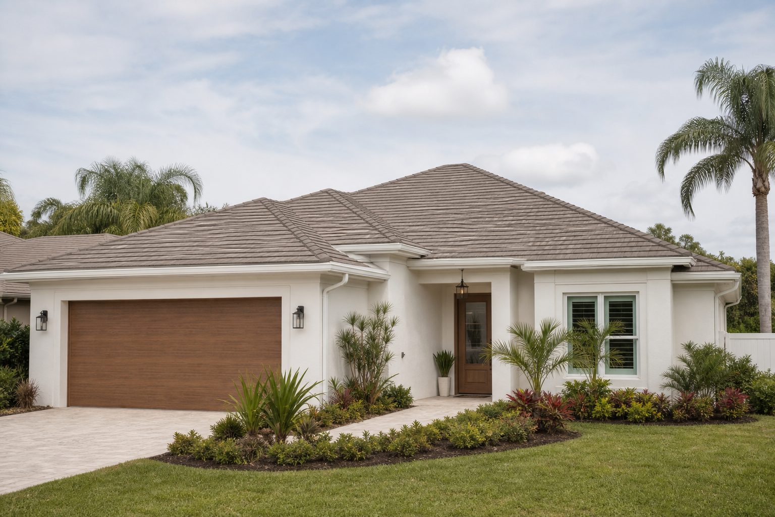 A finished residential roof on a typical Tampa Bay house, shown wide and eye-level